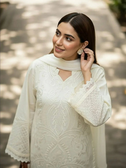 3PC Lawn Chiken Kari Embroidered Shirt with Embroidered Dupatta