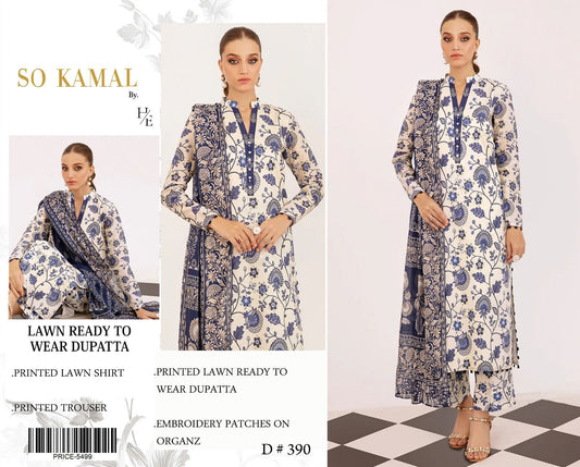SO Kamal Embroidered & Printed Lawn 3 Piece Dress