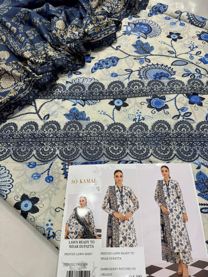 SO Kamal Embroidered & Printed Lawn 3 Piece Dress