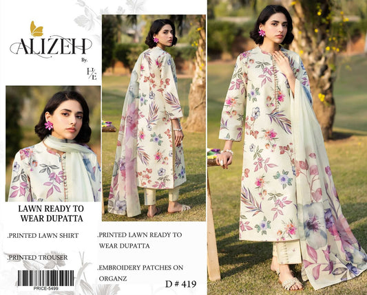 Alizeh Embroidered & Printed Lawn 3 Piece Dress