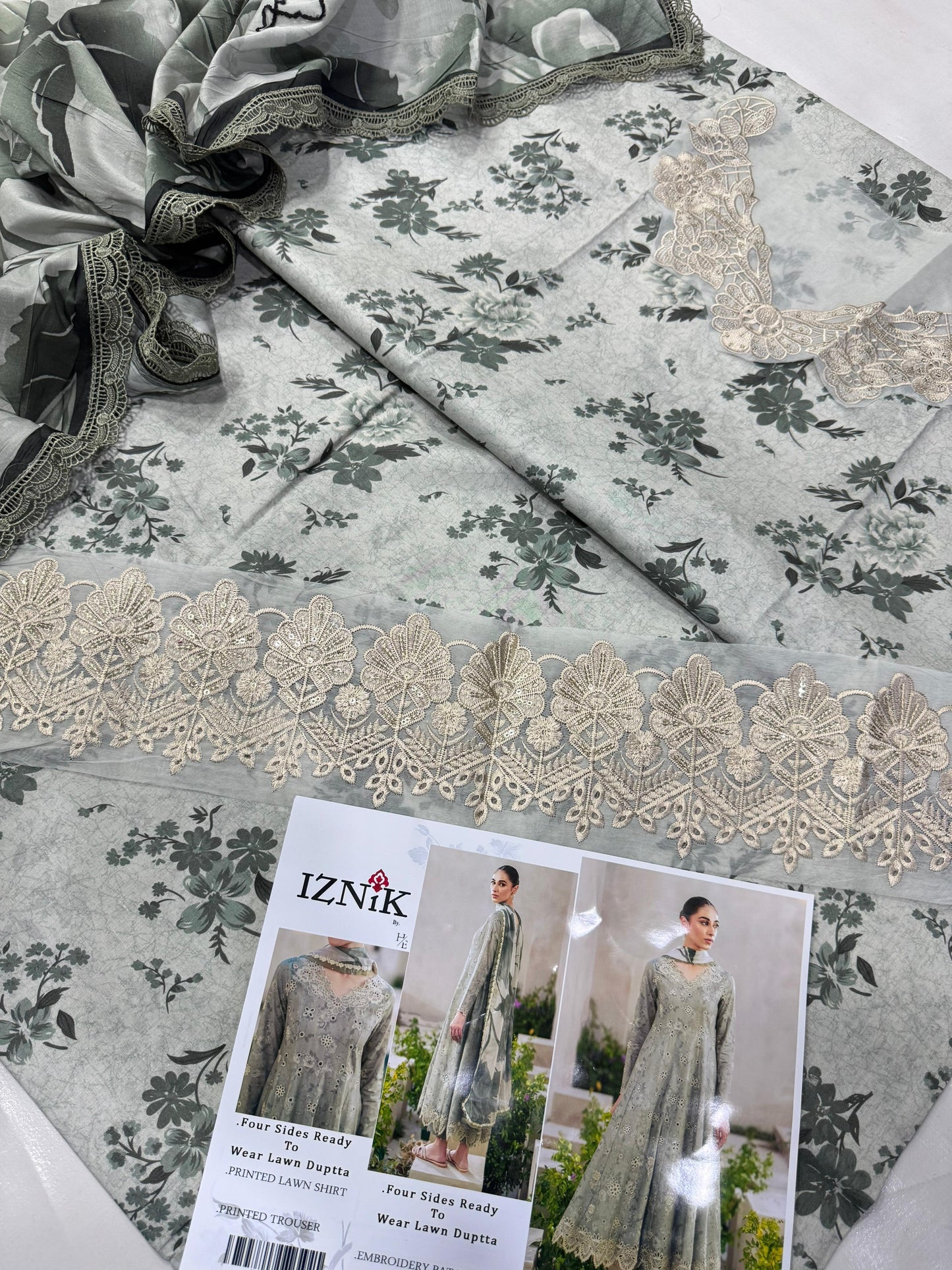 Iznik Embroidered & Printed Lawn 3 Piece Dress