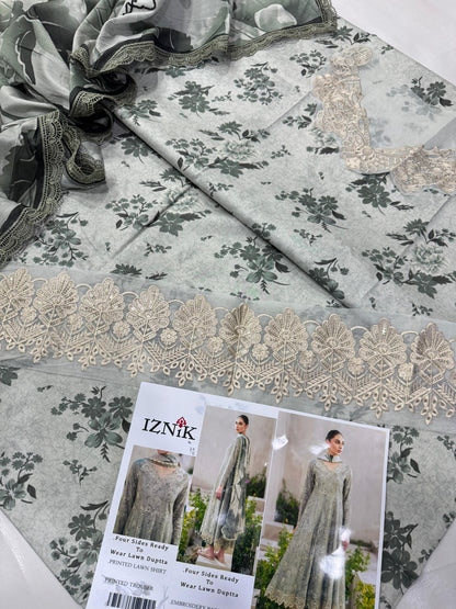 Iznik Embroidered & Printed Lawn 3 Piece Dress